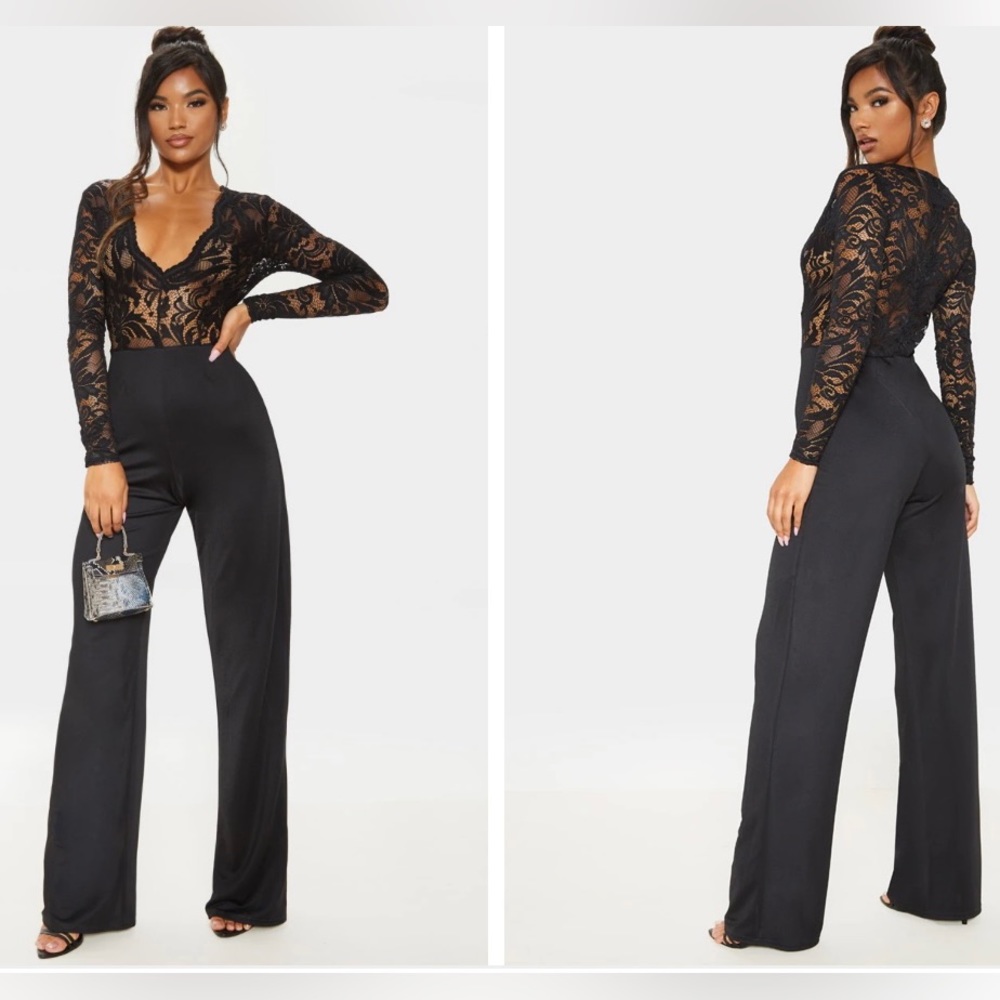 Pretty Little Thing Black Lace Long Sleeve Jumpsuit